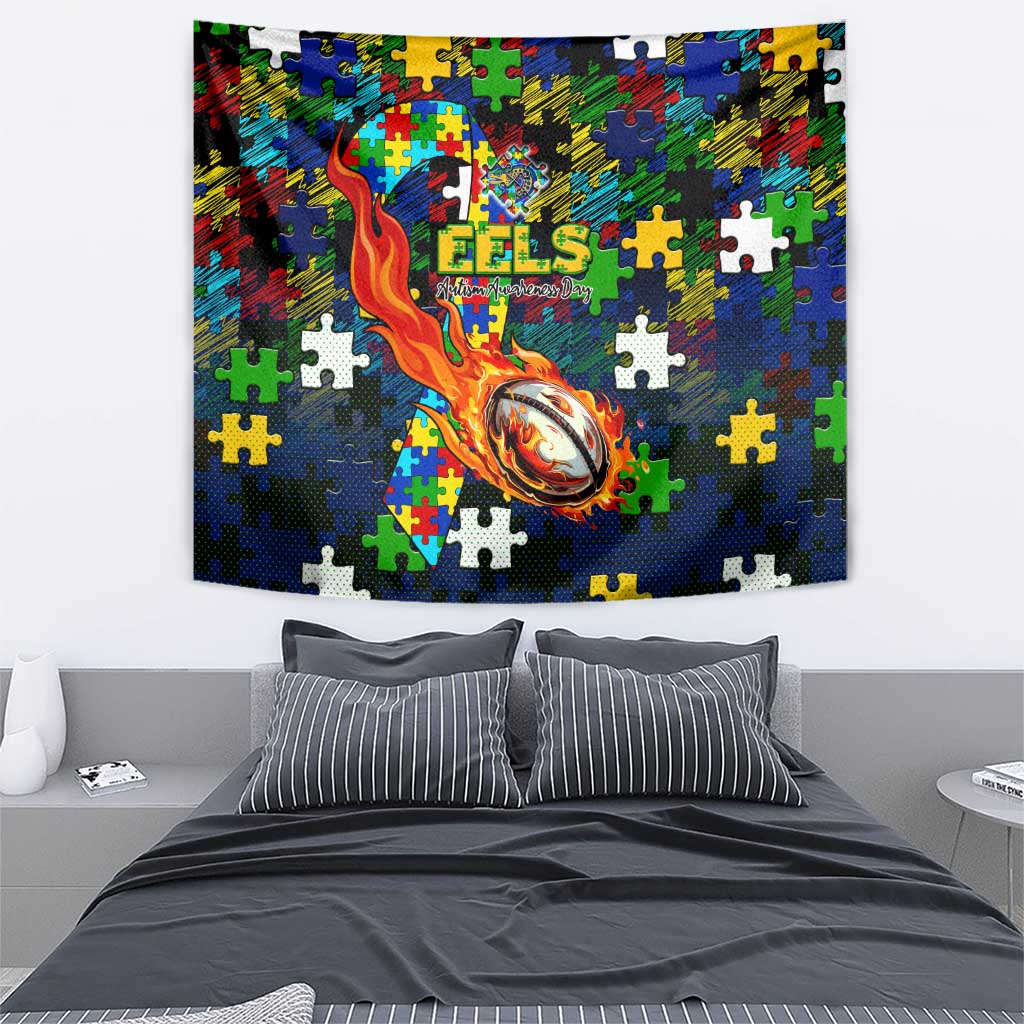 Eels Autism Awareness Tapestry Puzzle Flames Rugby Ball