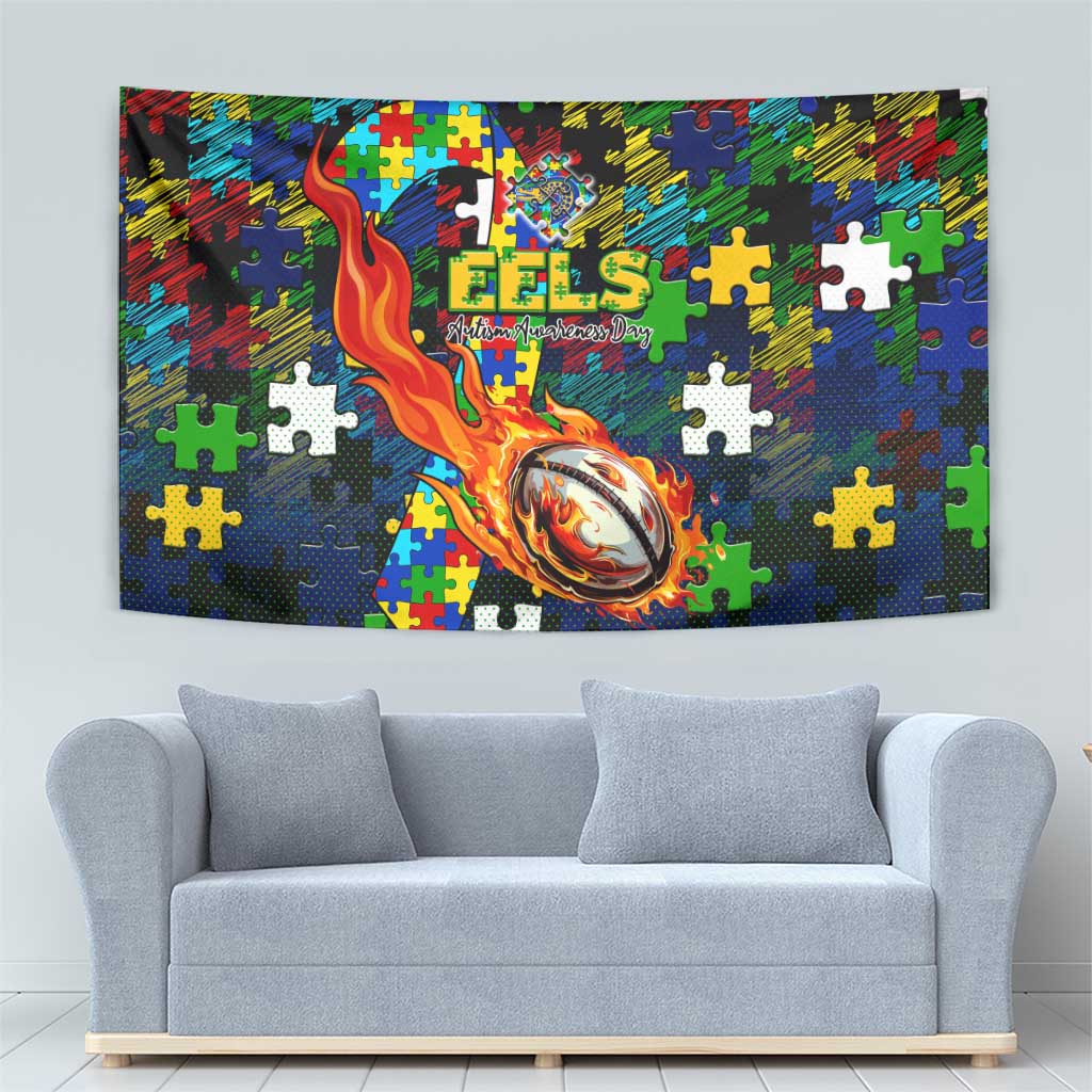 Eels Autism Awareness Tapestry Puzzle Flames Rugby Ball