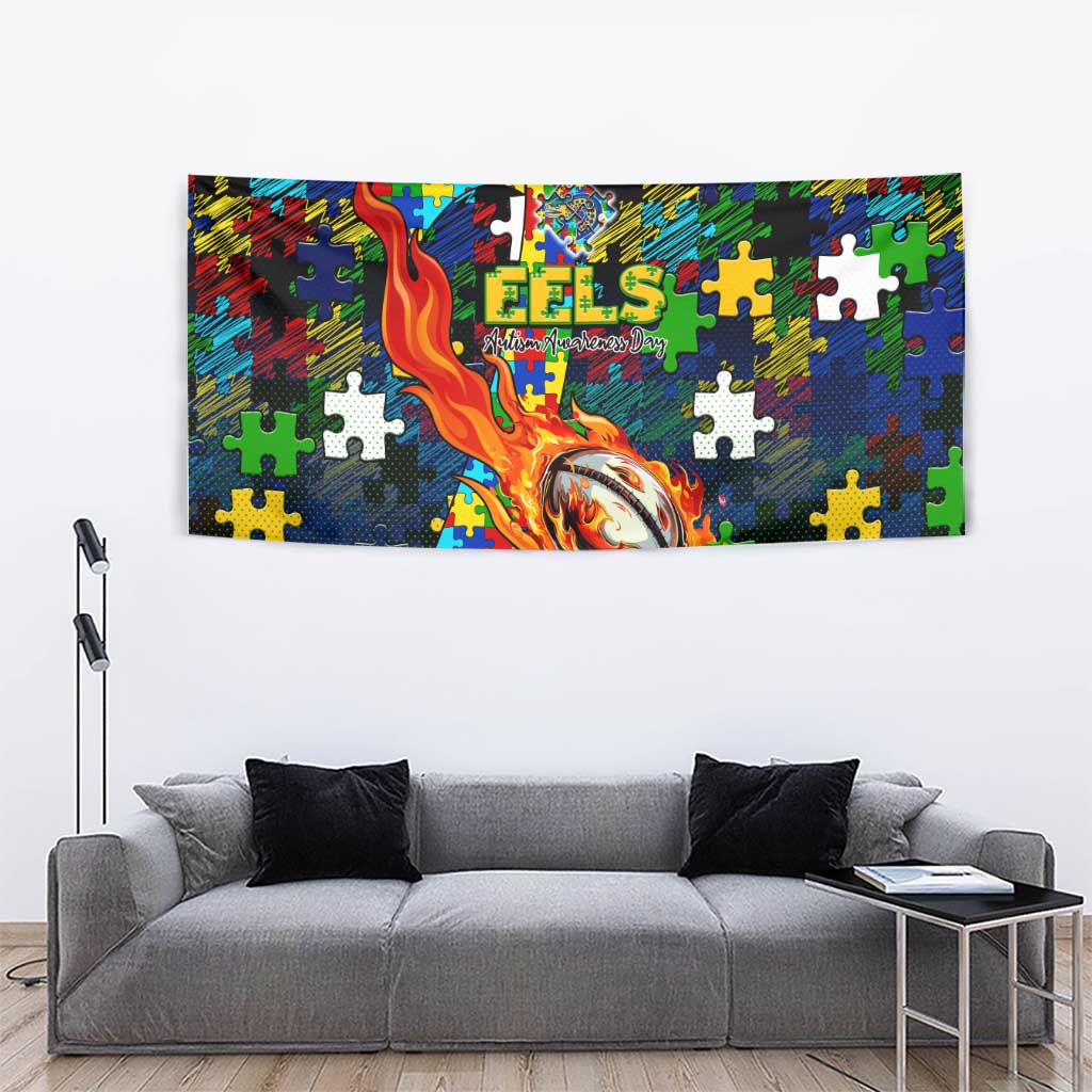 Eels Autism Awareness Tapestry Puzzle Flames Rugby Ball