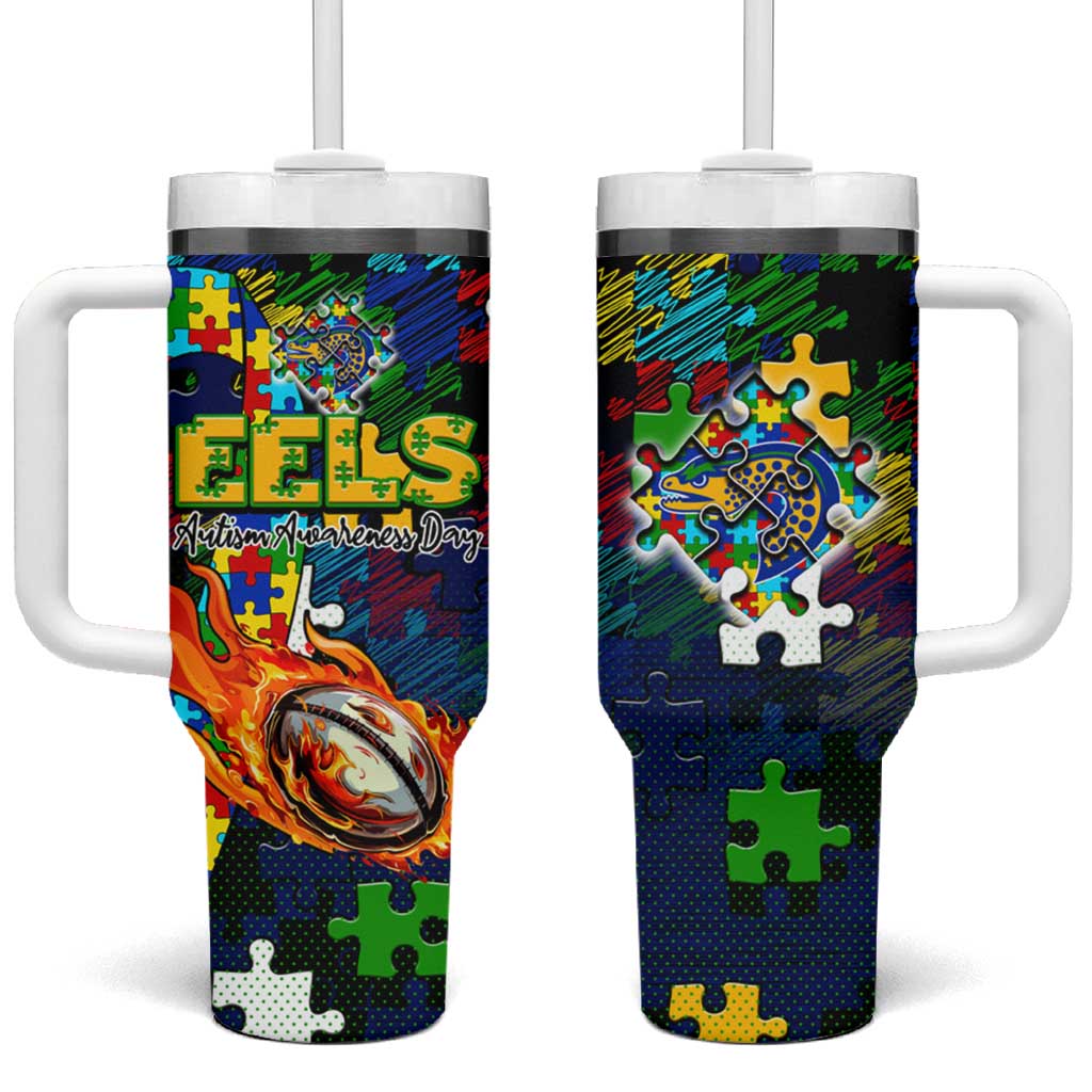 Eels Autism Awareness Tumbler With Handle Puzzle Flames Rugby Ball