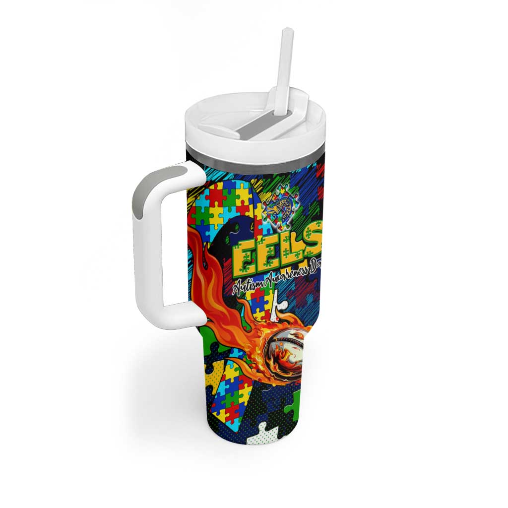 Eels Autism Awareness Tumbler With Handle Puzzle Flames Rugby Ball