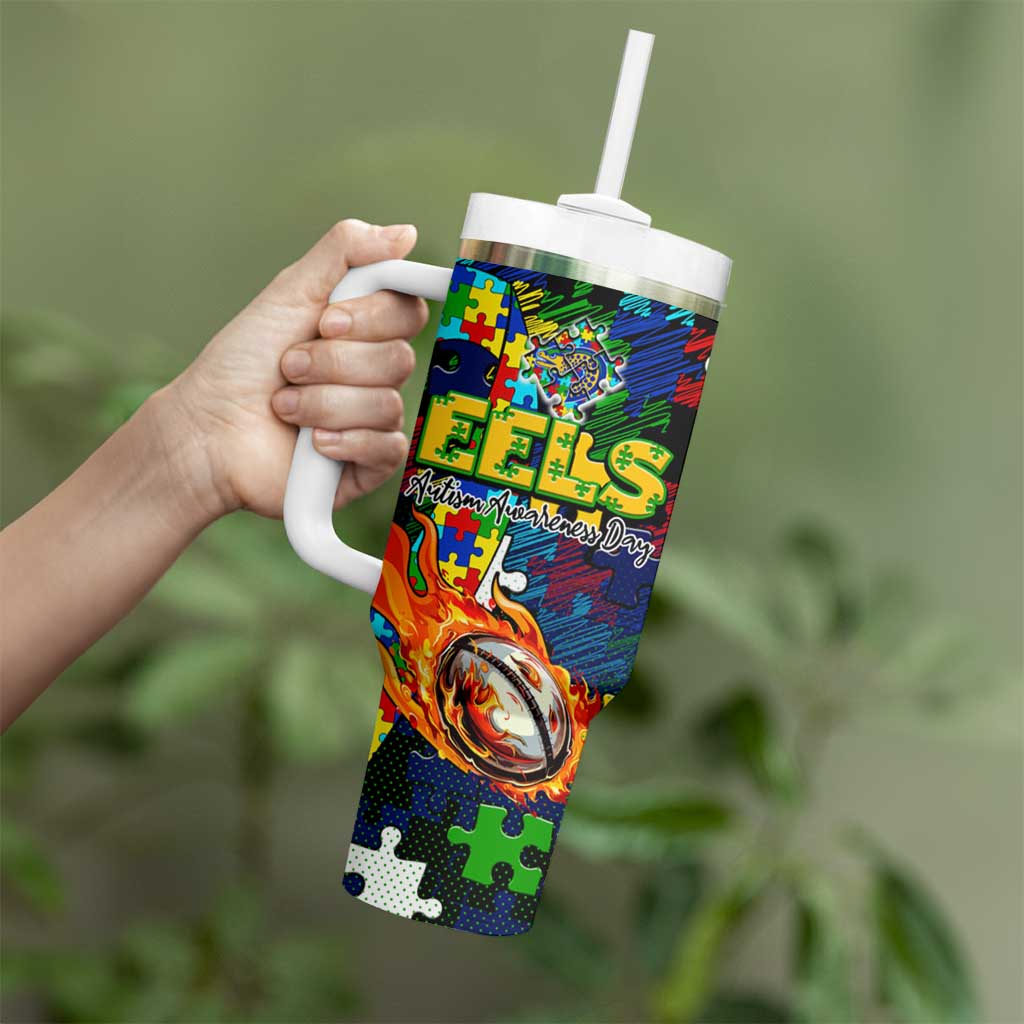 Eels Autism Awareness Tumbler With Handle Puzzle Flames Rugby Ball