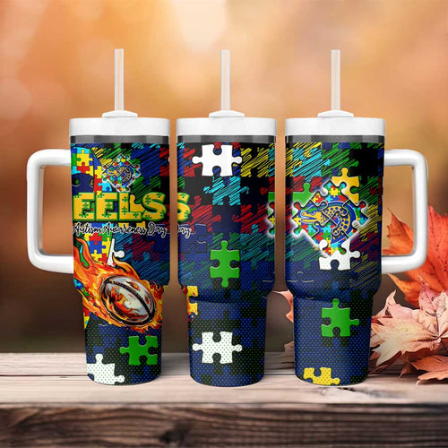 Eels Autism Awareness Tumbler With Handle Puzzle Flames Rugby Ball