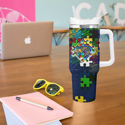 Eels Autism Awareness Tumbler With Handle Puzzle Flames Rugby Ball