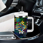 Eels Autism Awareness Tumbler With Handle Puzzle Flames Rugby Ball