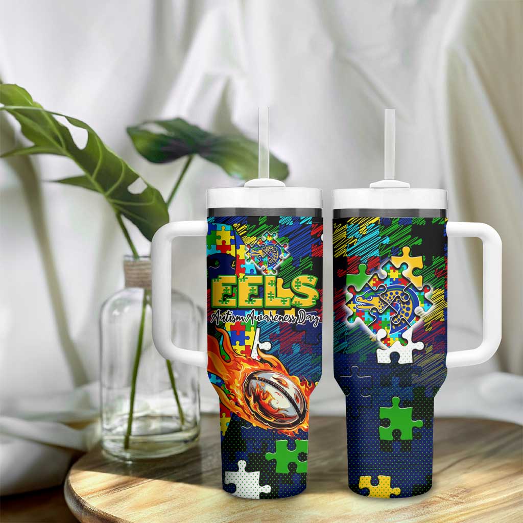 Eels Autism Awareness Tumbler With Handle Puzzle Flames Rugby Ball