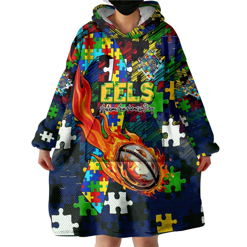 Eels Autism Awareness Wearable Blanket Hoodie Puzzle Flames Rugby Ball