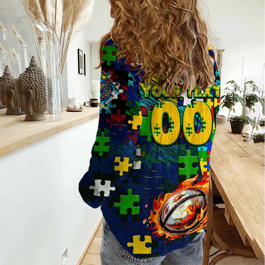 Eels Autism Awareness Women Casual Shirt Puzzle Flames Rugby Ball