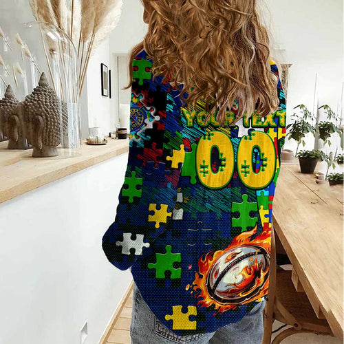 Eels Autism Awareness Women Casual Shirt Puzzle Flames Rugby Ball