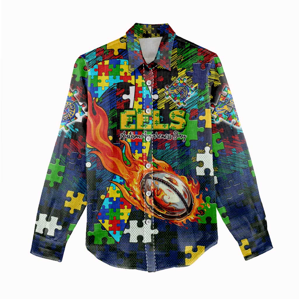 Eels Autism Awareness Women Casual Shirt Puzzle Flames Rugby Ball