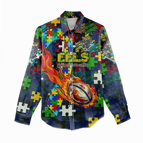 Eels Autism Awareness Women Casual Shirt Puzzle Flames Rugby Ball