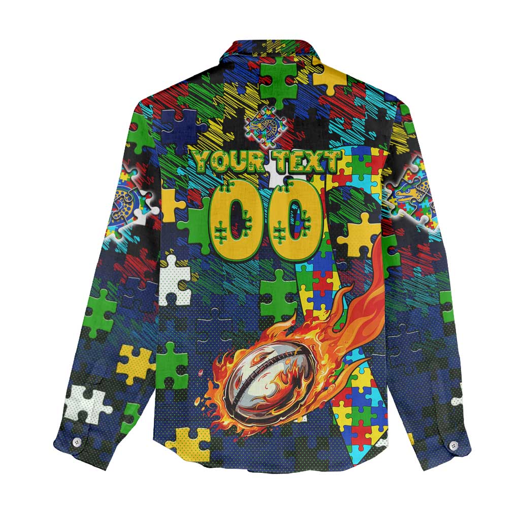 Eels Autism Awareness Women Casual Shirt Puzzle Flames Rugby Ball