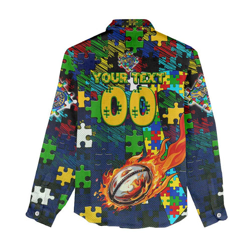 Eels Autism Awareness Women Casual Shirt Puzzle Flames Rugby Ball