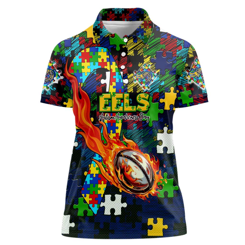 Eels Autism Awareness Women Polo Shirt Puzzle Flames Rugby Ball