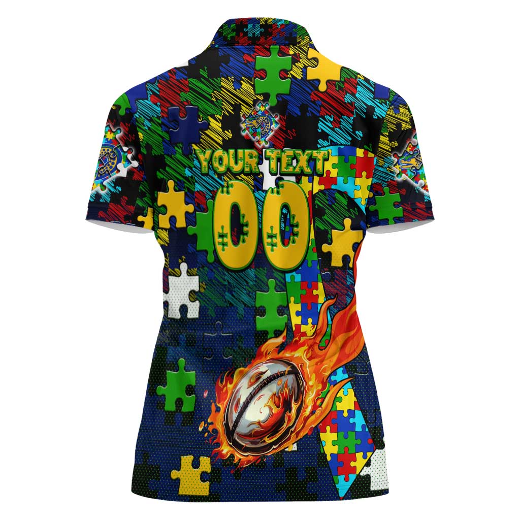 Eels Autism Awareness Women Polo Shirt Puzzle Flames Rugby Ball
