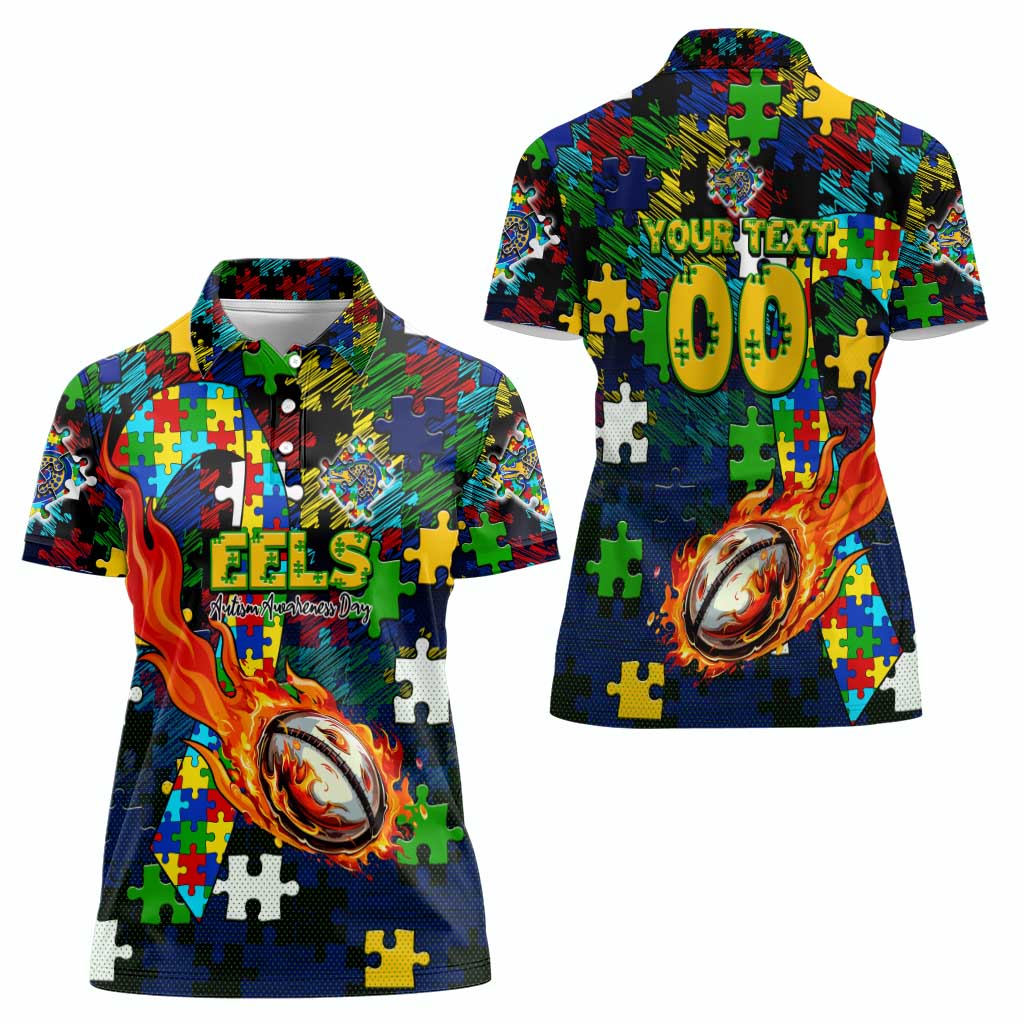 Eels Autism Awareness Women Polo Shirt Puzzle Flames Rugby Ball