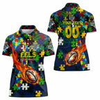 Eels Autism Awareness Women Polo Shirt Puzzle Flames Rugby Ball