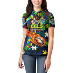 Eels Autism Awareness Women Polo Shirt Puzzle Flames Rugby Ball