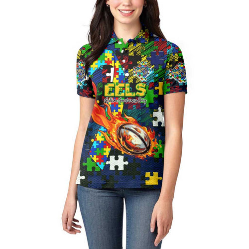 Eels Autism Awareness Women Polo Shirt Puzzle Flames Rugby Ball