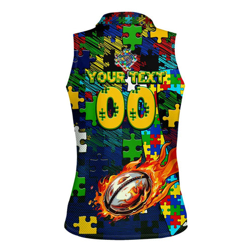 Eels Autism Awareness Women Sleeveless Polo Shirt Puzzle Flames Rugby Ball