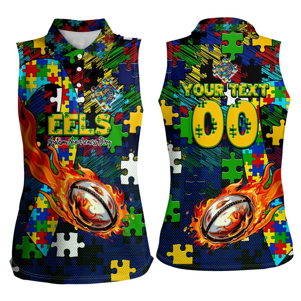 Eels Autism Awareness Women Sleeveless Polo Shirt Puzzle Flames Rugby Ball