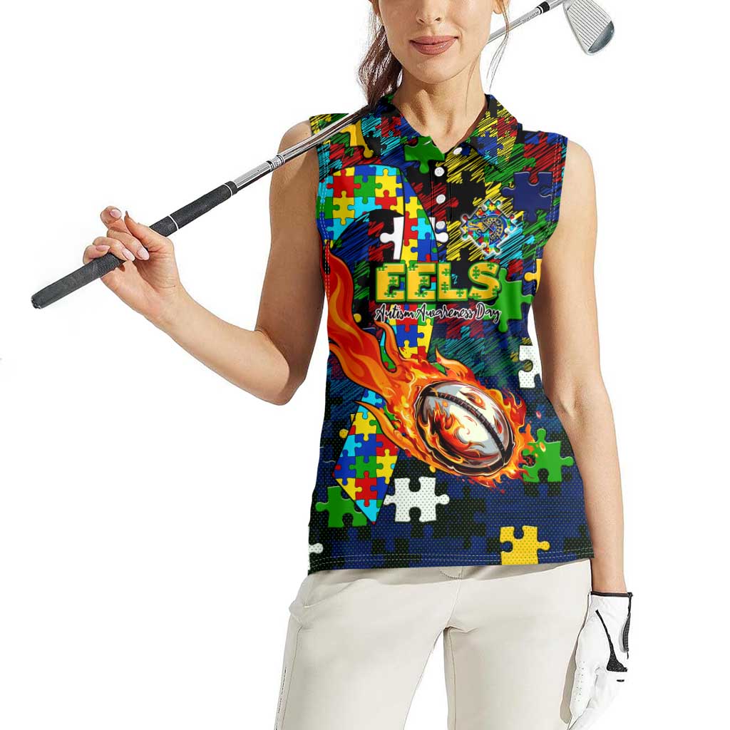 Eels Autism Awareness Women Sleeveless Polo Shirt Puzzle Flames Rugby Ball