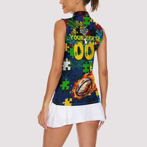 Eels Autism Awareness Women Sleeveless Polo Shirt Puzzle Flames Rugby Ball