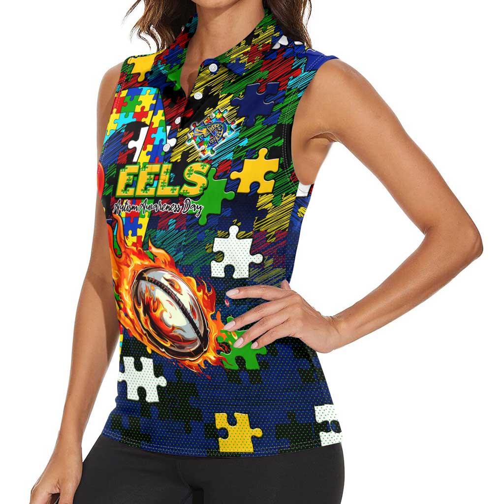 Eels Autism Awareness Women Sleeveless Polo Shirt Puzzle Flames Rugby Ball