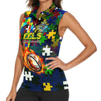 Eels Autism Awareness Women Sleeveless Polo Shirt Puzzle Flames Rugby Ball