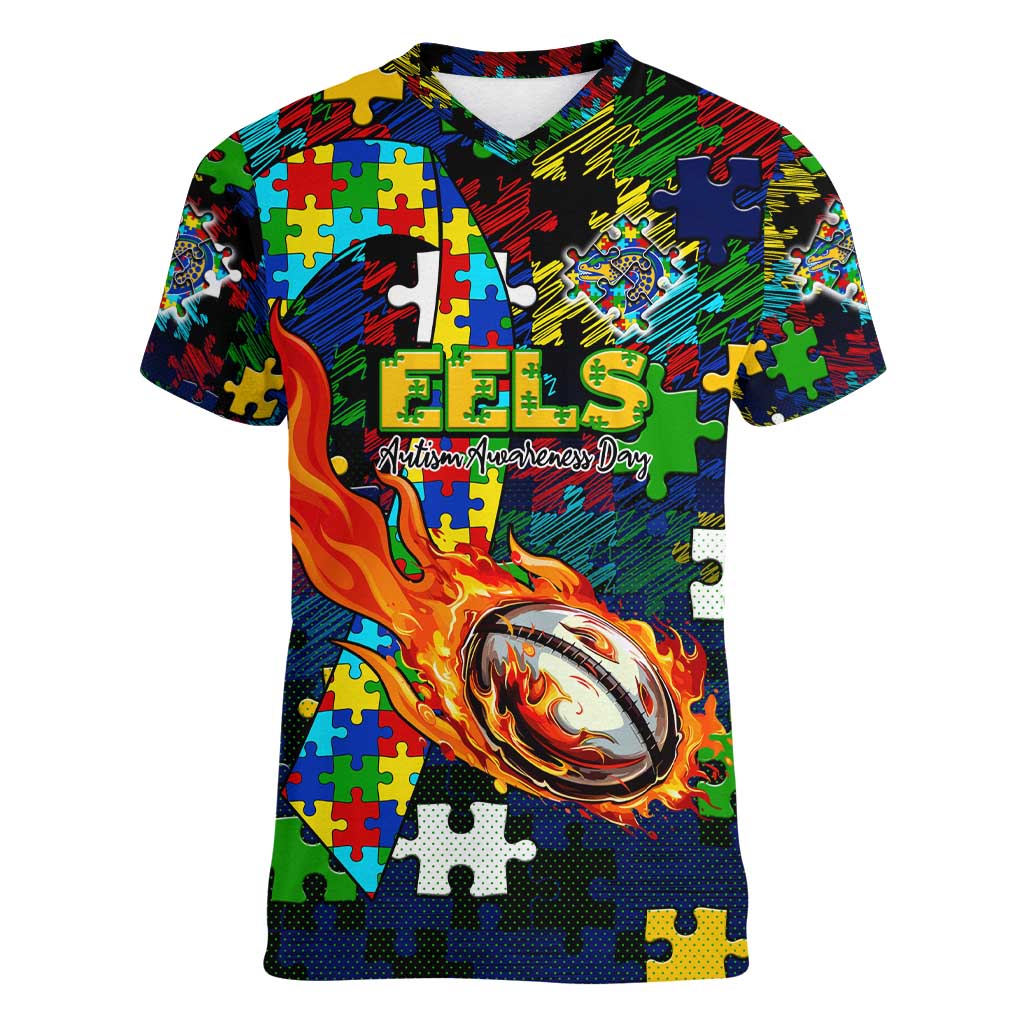 Eels Autism Awareness Women V-Neck T-Shirt Puzzle Flames Rugby Ball