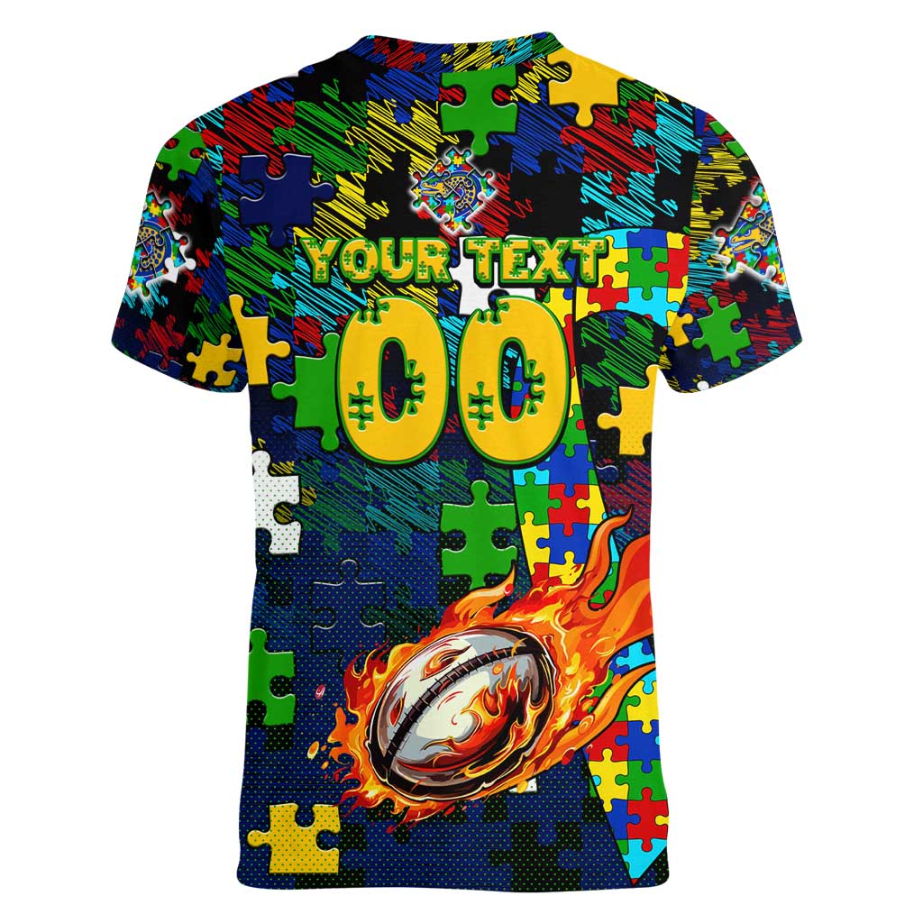 Eels Autism Awareness Women V-Neck T-Shirt Puzzle Flames Rugby Ball