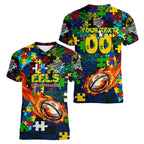 Eels Autism Awareness Women V-Neck T-Shirt Puzzle Flames Rugby Ball