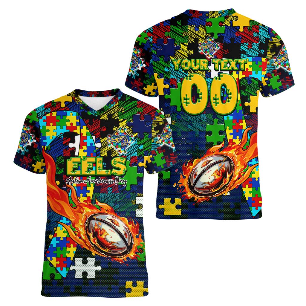 Eels Autism Awareness Women V-Neck T-Shirt Puzzle Flames Rugby Ball