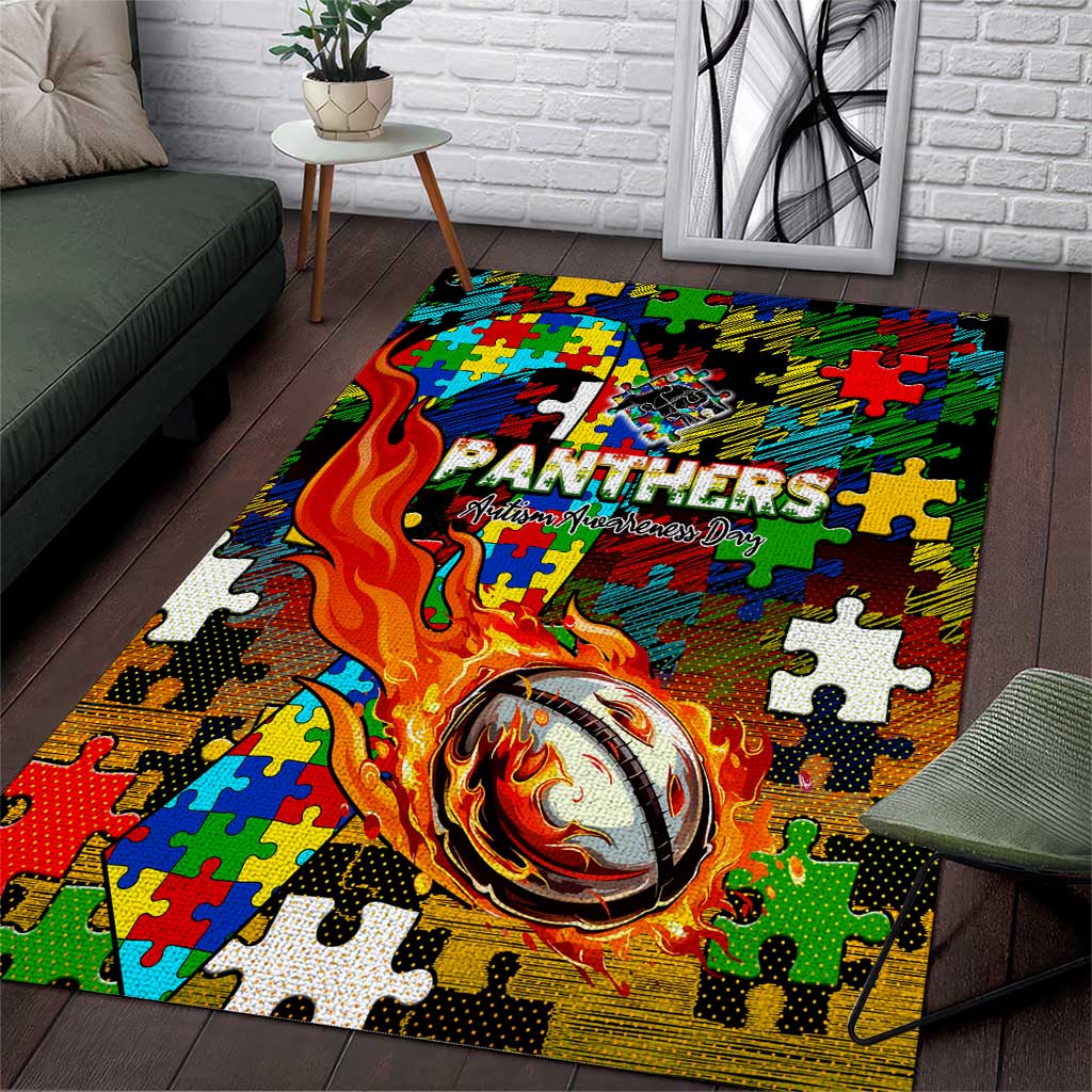 Panthers Autism Awareness Area Rug Puzzle Flames Rugby Ball