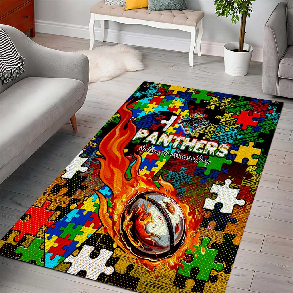 Panthers Autism Awareness Area Rug Puzzle Flames Rugby Ball