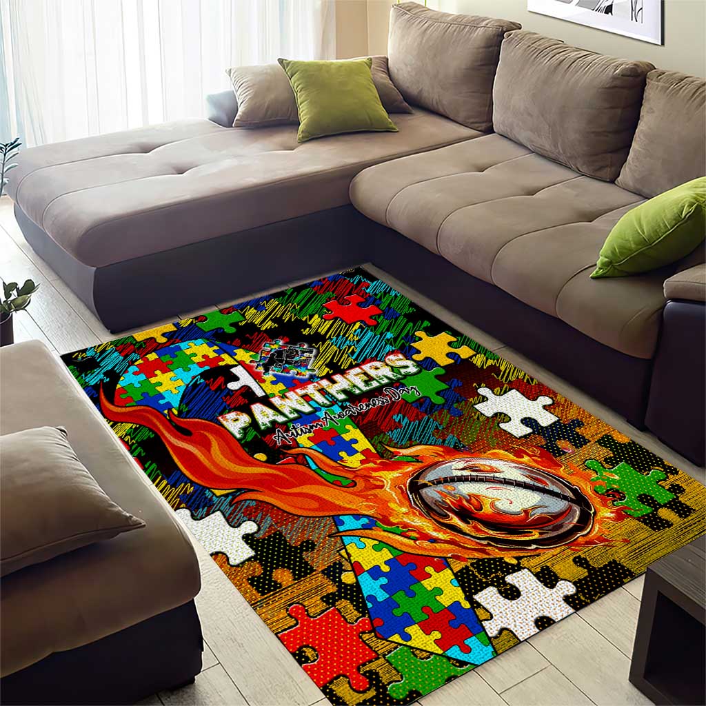 Panthers Autism Awareness Area Rug Puzzle Flames Rugby Ball