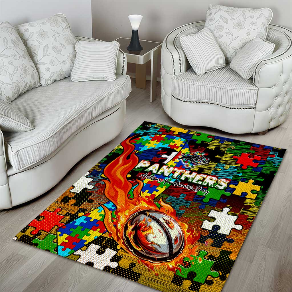 Panthers Autism Awareness Area Rug Puzzle Flames Rugby Ball