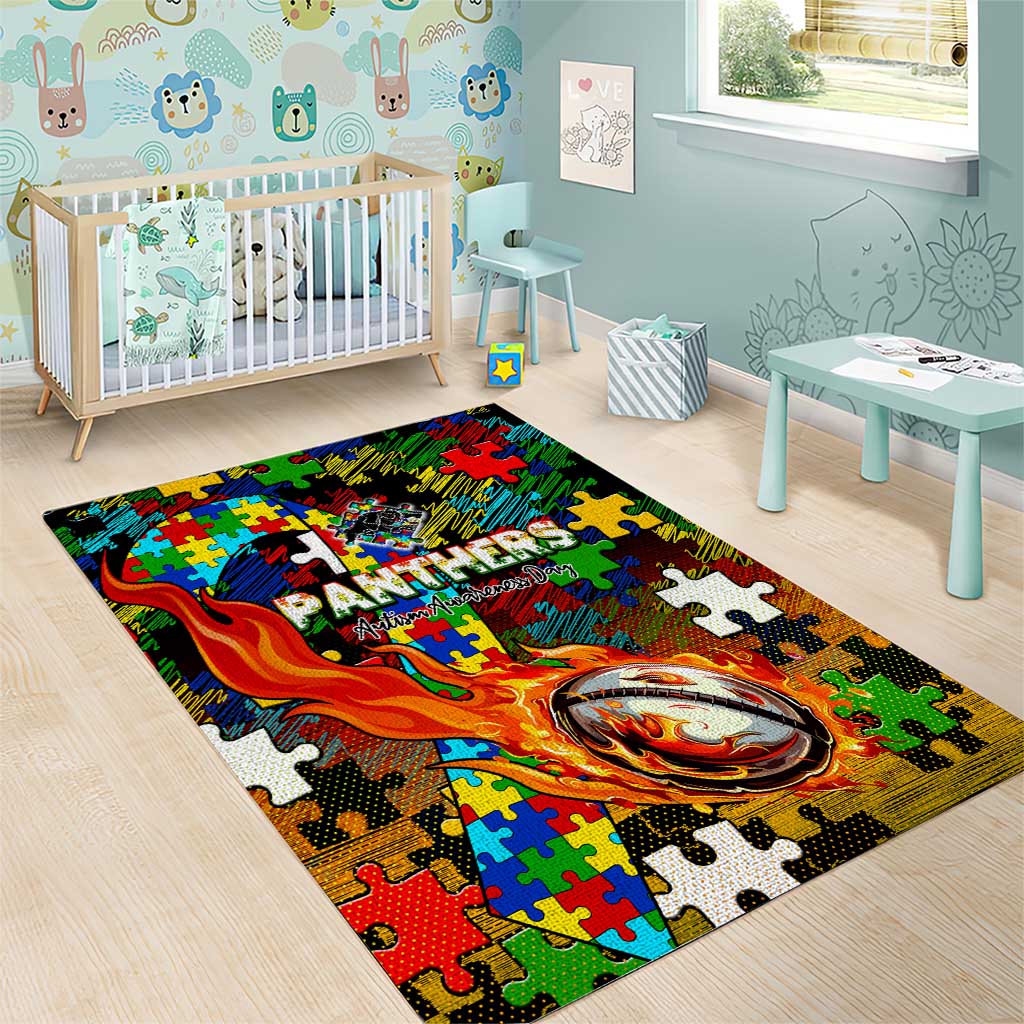 Panthers Autism Awareness Area Rug Puzzle Flames Rugby Ball