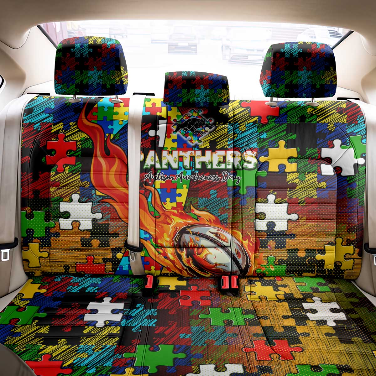 Panthers Autism Awareness Back Car Seat Cover Puzzle Flames Rugby Ball