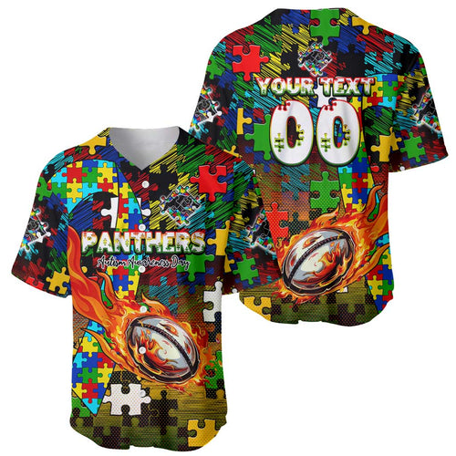 Panthers Autism Awareness Baseball Jersey Puzzle Flames Rugby Ball