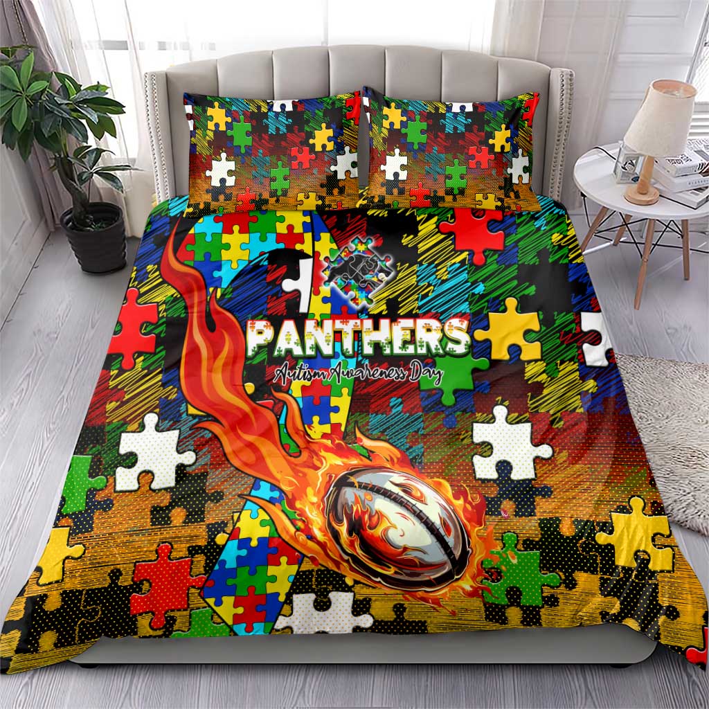 Panthers Autism Awareness Bedding Set Puzzle Flames Rugby Ball