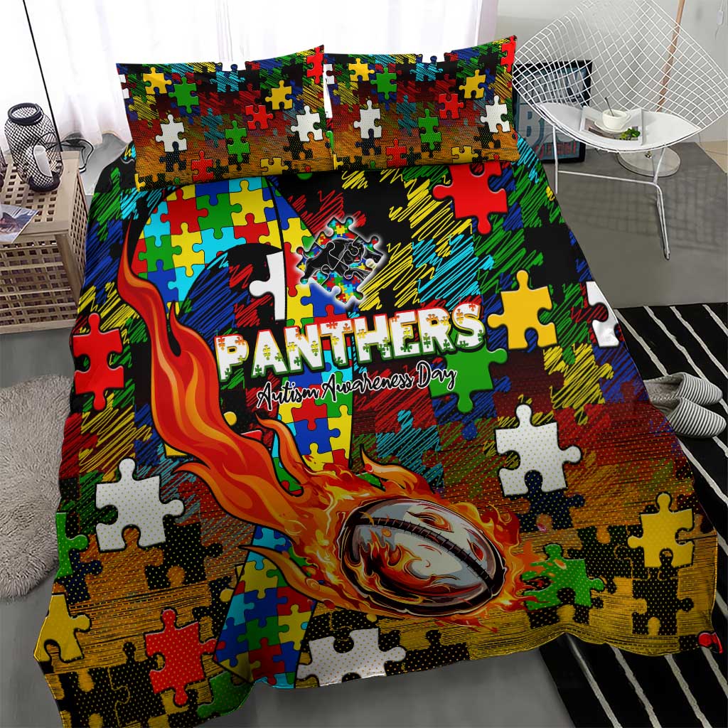 Panthers Autism Awareness Bedding Set Puzzle Flames Rugby Ball