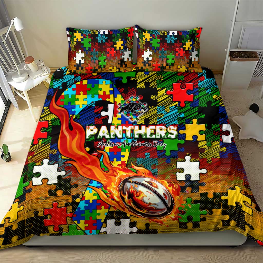 Panthers Autism Awareness Bedding Set Puzzle Flames Rugby Ball