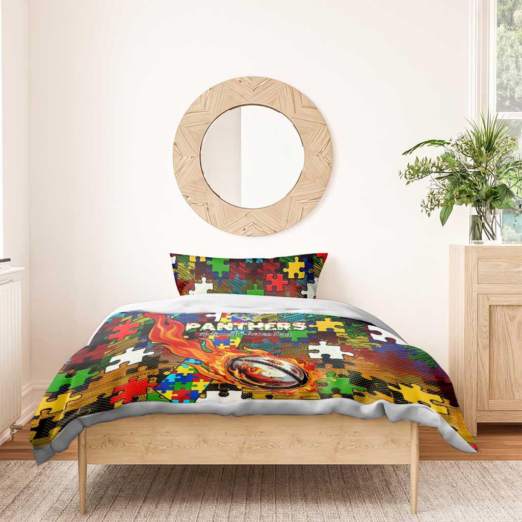 Panthers Autism Awareness Bedding Set Puzzle Flames Rugby Ball