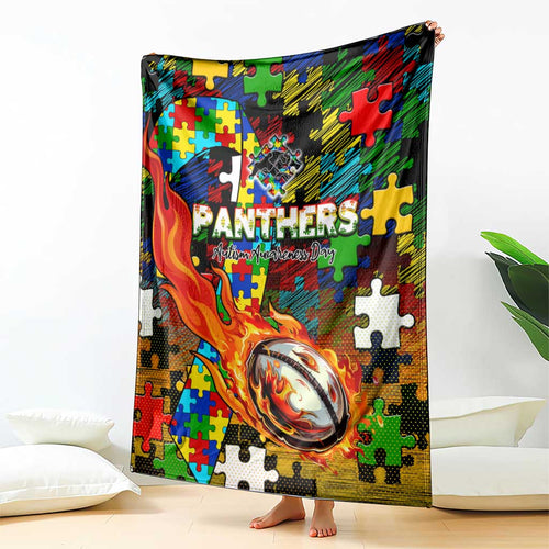 Panthers Autism Awareness Blanket Puzzle Flames Rugby Ball