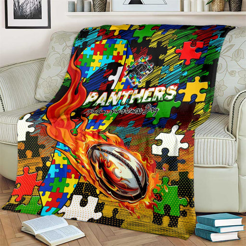 Panthers Autism Awareness Blanket Puzzle Flames Rugby Ball