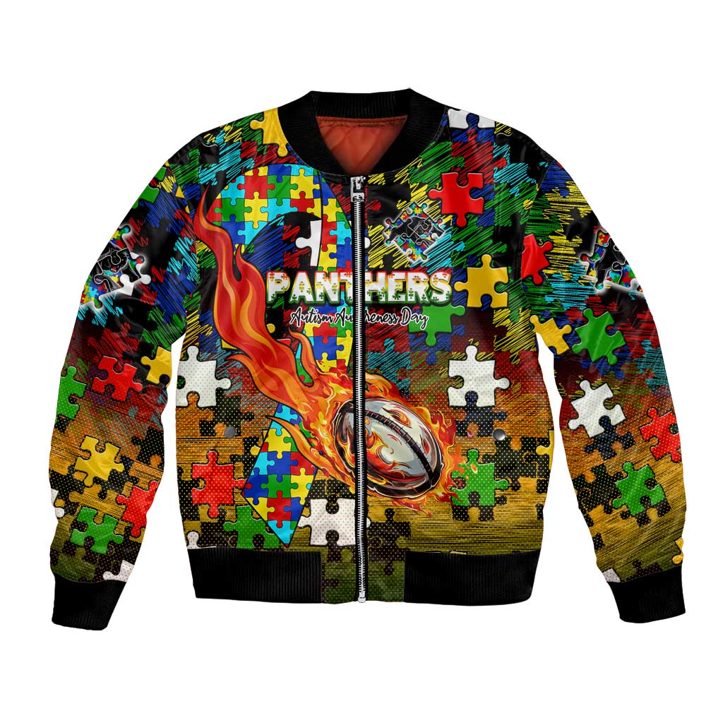 Panthers Autism Awareness Bomber Jacket Puzzle Flames Rugby Ball