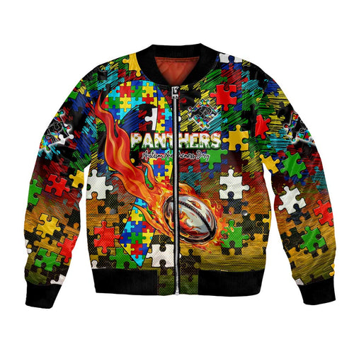 Panthers Autism Awareness Bomber Jacket Puzzle Flames Rugby Ball