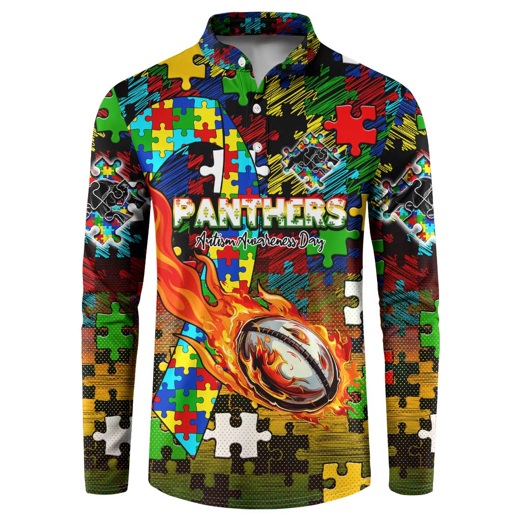 Panthers Autism Awareness Button Sweatshirt Puzzle Flames Rugby Ball