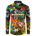 Panthers Autism Awareness Button Sweatshirt Puzzle Flames Rugby Ball